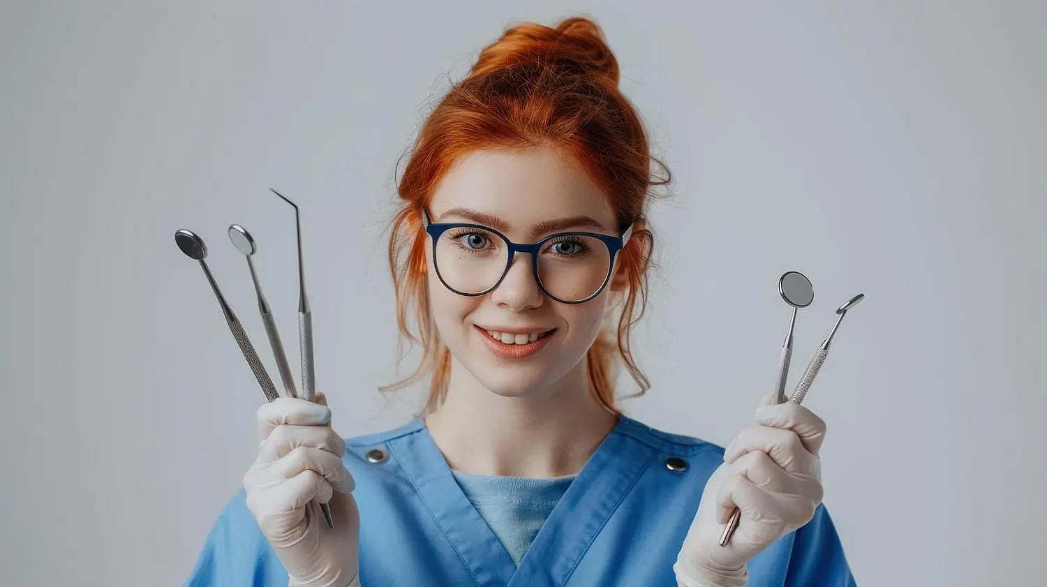 At Happy Smiles Orthodontics in St. Augustine, FL, a person in glasses and blue scrubs smiles at the camera while holding dental instruments—ready to discuss orthodontic insurance plans.