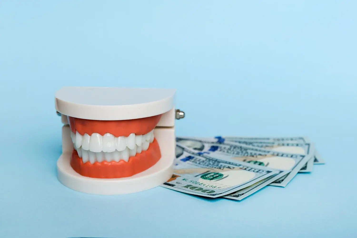 Next to several spread-out US hundred dollar bills on a light blue background, a dental model displays clear braces, representing the orthodontic services offered by Happy Smiles Orthodontics in St. Augustine, FL.