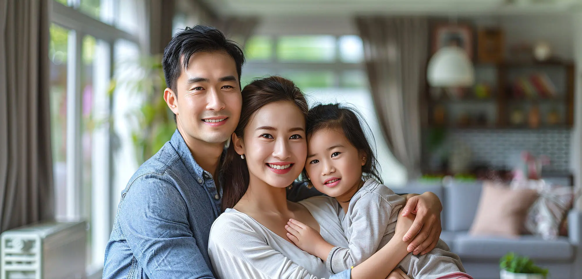 A man, woman, and young girl show off their confident smiles in a bright living room, thanks to the advanced lingual braces from Happy Smiles Orthodontics in St. Augustine, FL.