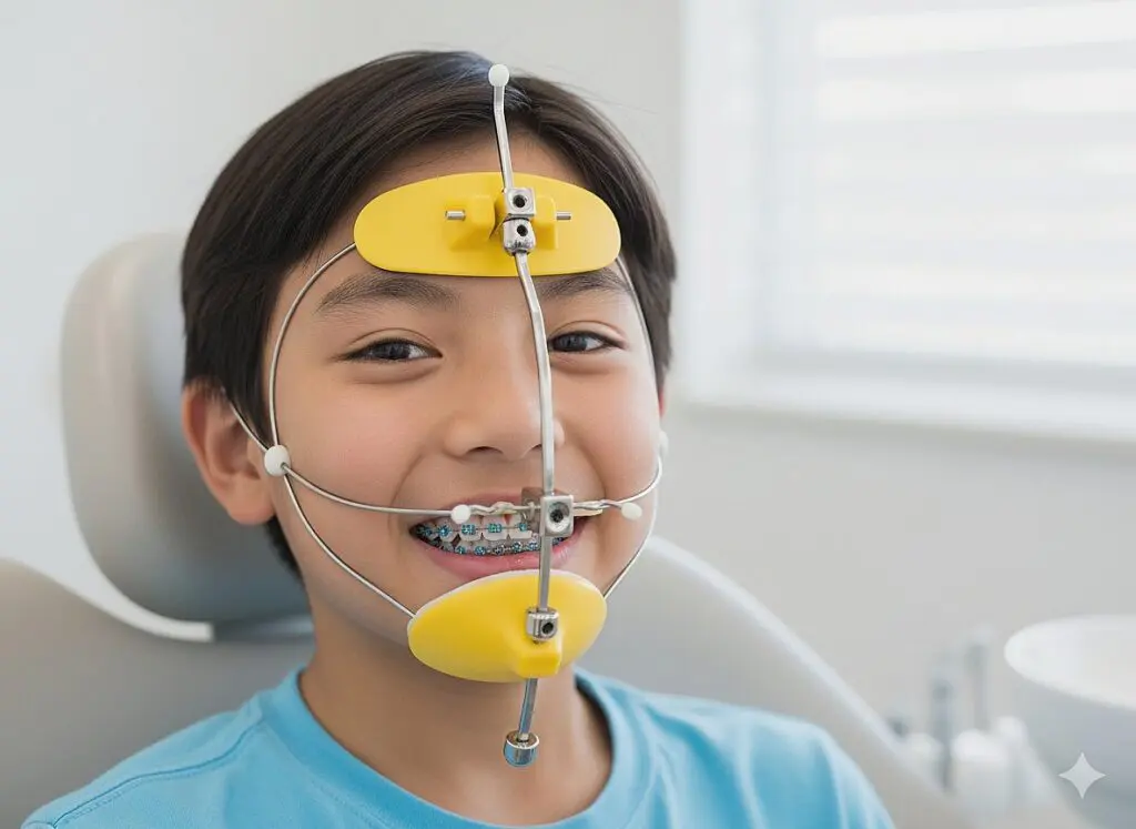 Boy sitting in a dental chair wearing braces and a face mask appliance for orthodontic treatment - Reverse Pull Headgear Braces in St. Augustine, FL. 