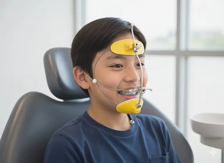 Smiling boy in a dental chair with braces and a face mask appliance - Reverse Pull Headgear Braces in St. Augustine, FL