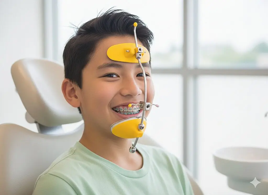 Close-up of boy with braces and face mask appliance, smiling during orthodontic visit - Reverse Pull Headgear Braces in St. Augustine, FL