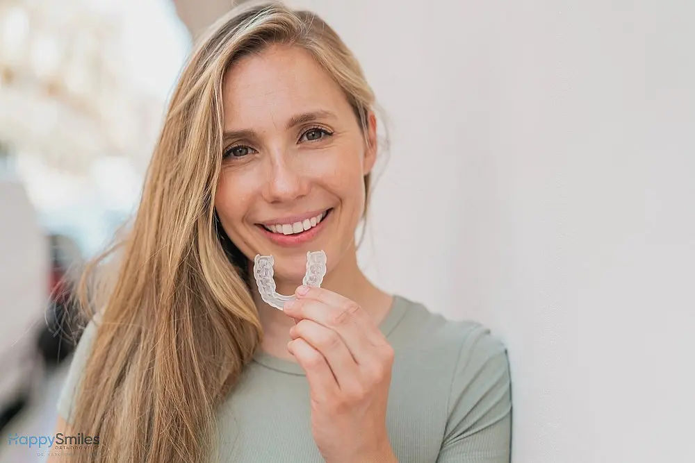 young blonde woman outdoors holding invisalign clear aligners happy expression - Alternatives to Braces in St. Augustine, FL