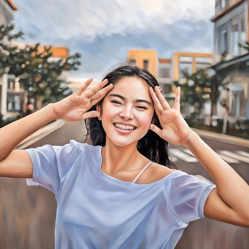 A young woman with long dark hair smiles and poses with her hands by her face on a city street lined with buildings and trees, reflecting the cheerful spirit found at Happy Smiles Orthodontics in St. Augustine, FL.