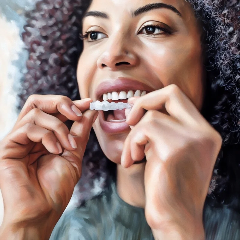 At Happy Smiles Orthodontics in St. Augustine, FL, a person uses both hands to place a clear dental aligner over their upper teeth.